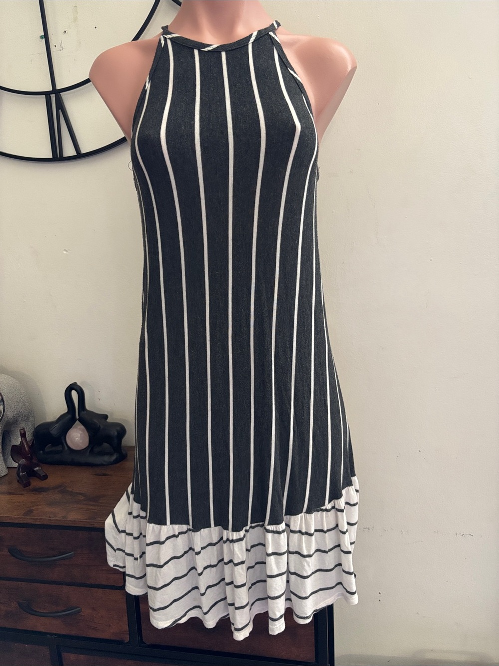 #292 Striped Halter-Style Midi Dress in Black and White